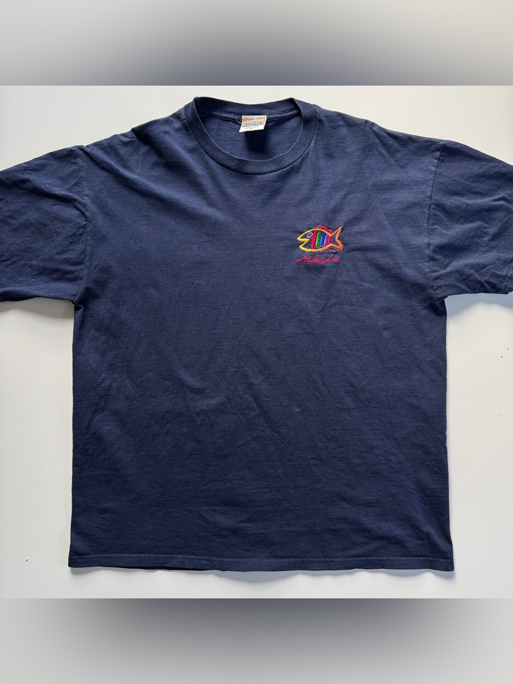 Vintage 90s Maui Embroidered Fish Travel Vacation Shirt Navy Blue Sgt Leisure XL